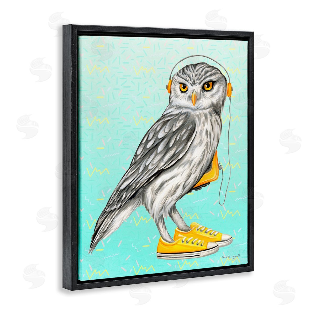 Amelie Legault Owl Wearing Yellow Sneakers Headphones Retro Pattern Black Floating Frame Canvas Wall Art Print