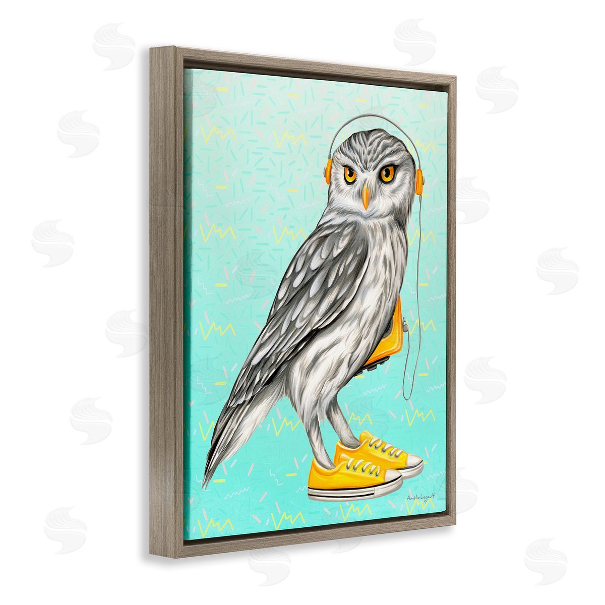Amelie Legault Owl Wearing Yellow Sneakers Headphones Retro Pattern Brown Floating Frame Canvas Wall Art Print