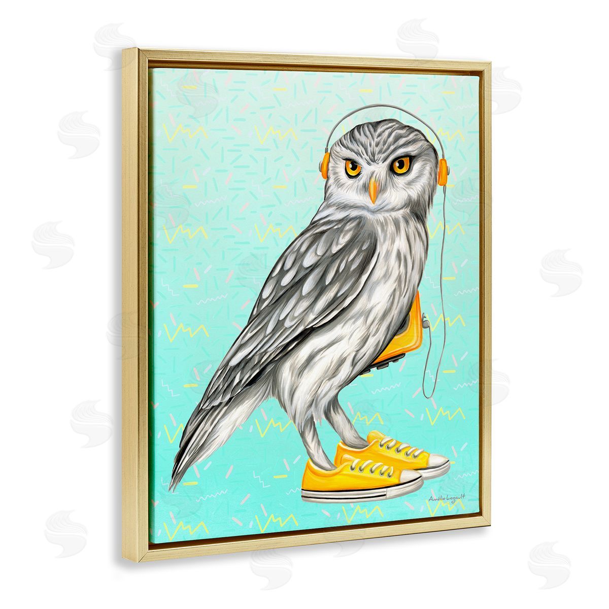 Amelie Legault Owl Wearing Yellow Sneakers Headphones Retro Pattern Gold Floating Frame Canvas Wall Art Print
