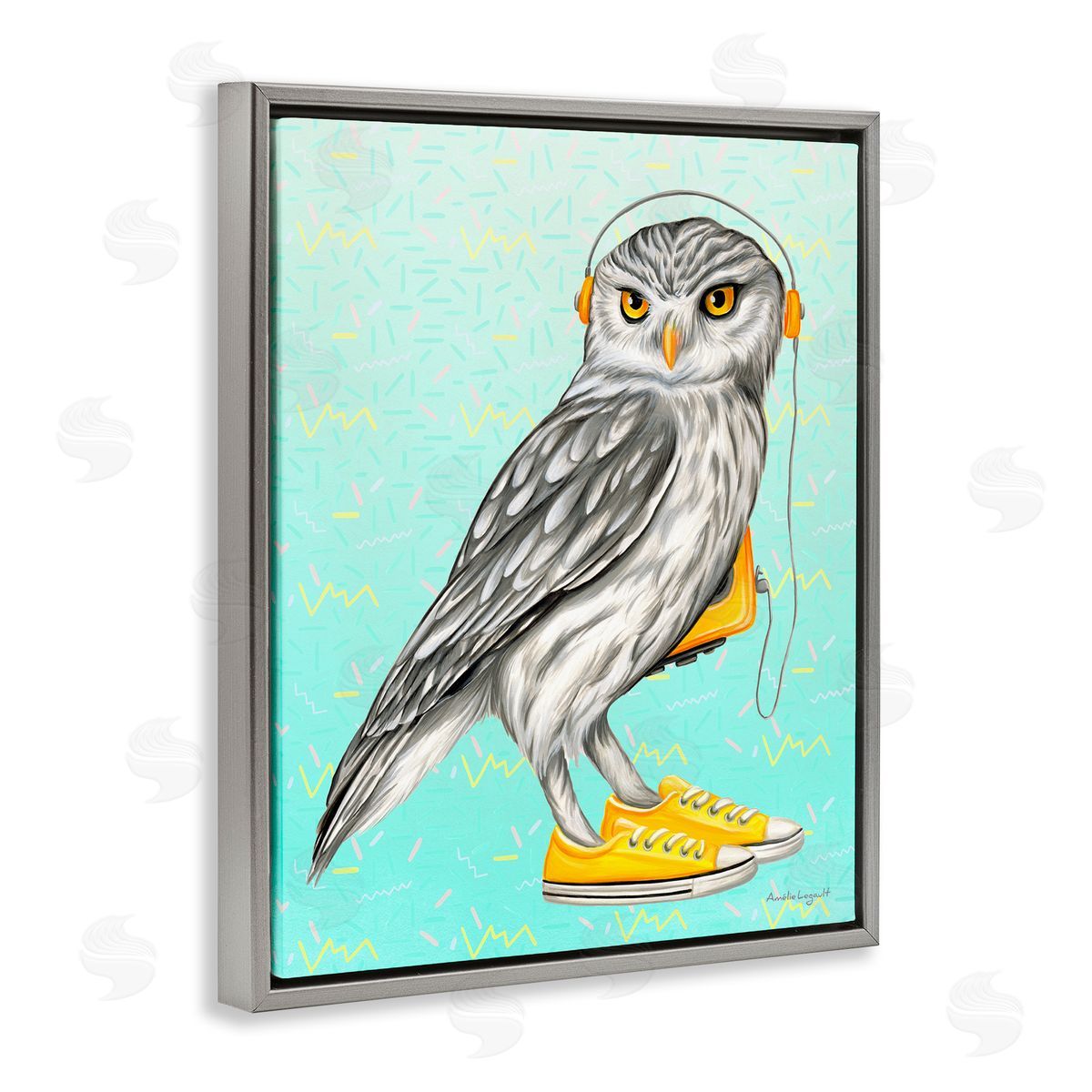 Amelie Legault Owl Wearing Yellow Sneakers Headphones Retro Pattern Gray Floating Frame Canvas Wall Art Print