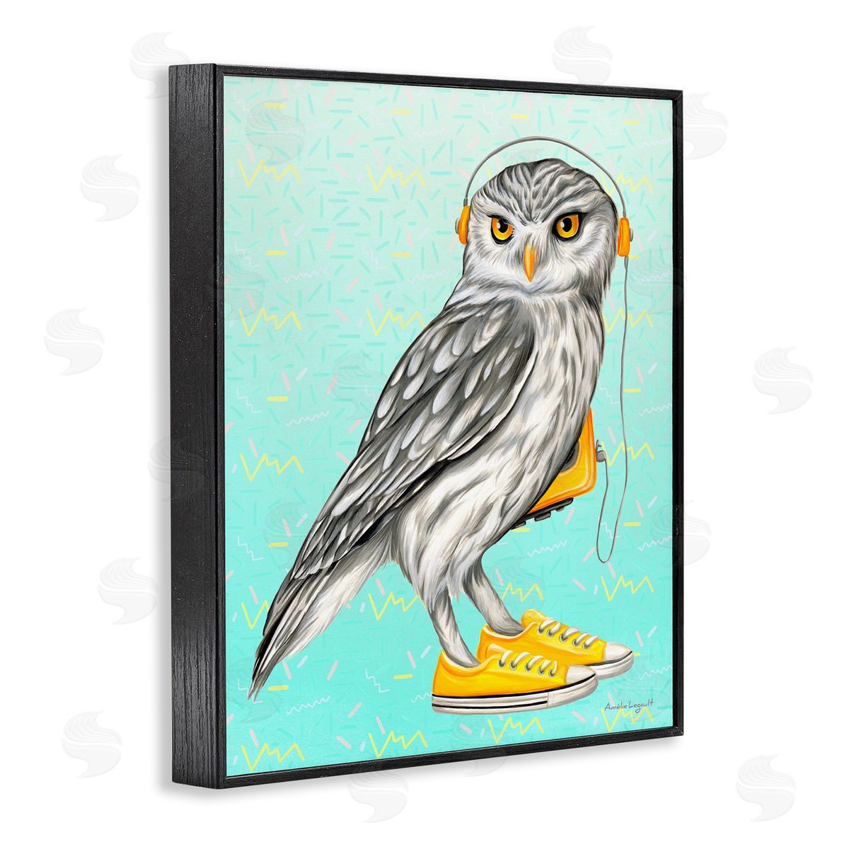 Amelie Legault Owl Wearing Yellow Sneakers Headphones Retro Pattern Black Framed Giclee Wall Art Print