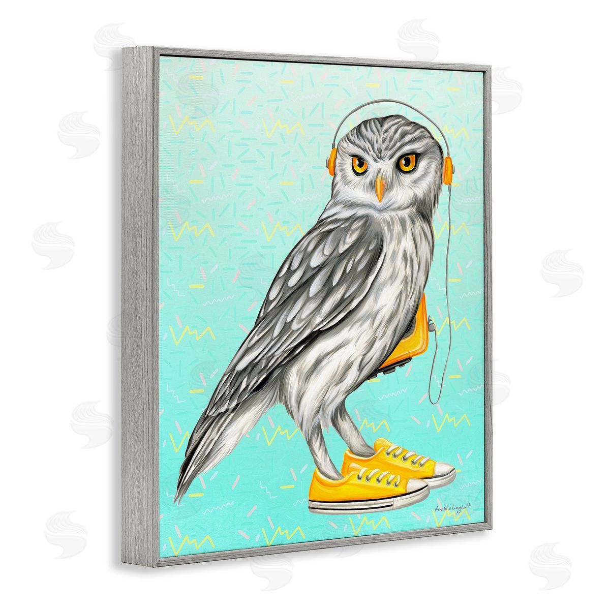 Amelie Legault Owl Wearing Yellow Sneakers Headphones Retro Pattern Gray Framed Giclee Wall Art Print