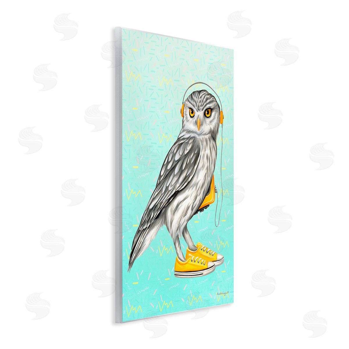 Amelie Legault Owl Wearing Yellow Sneakers Headphones Retro Pattern Wall Plaque Art Print