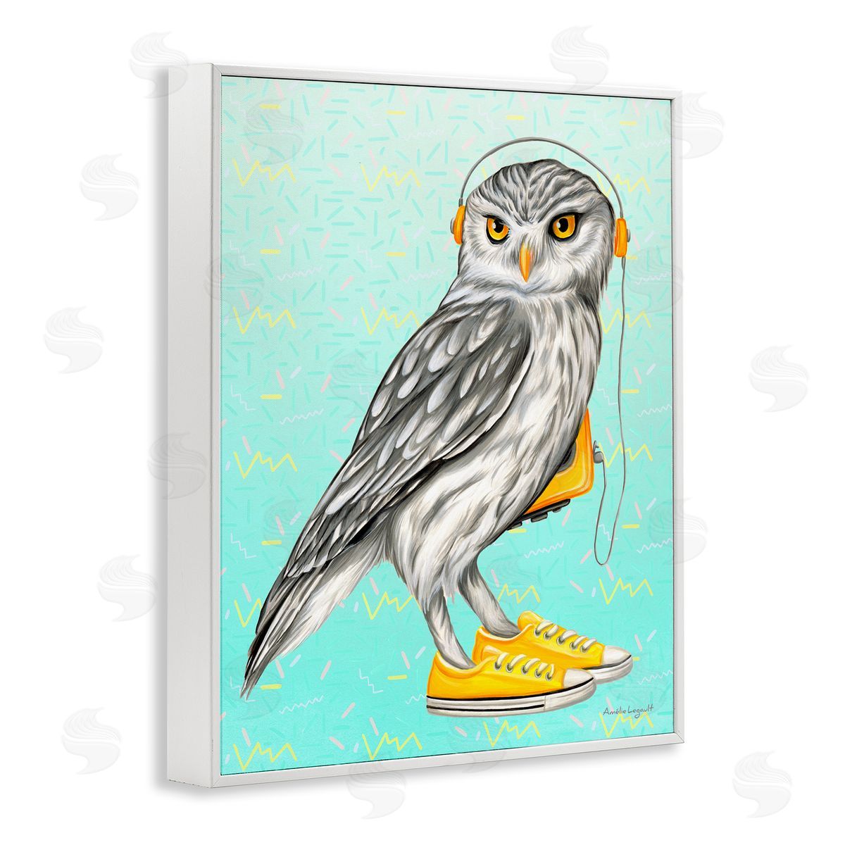 Amelie Legault Owl Wearing Yellow Sneakers Headphones Retro Pattern White Framed Giclee Wall Art Print