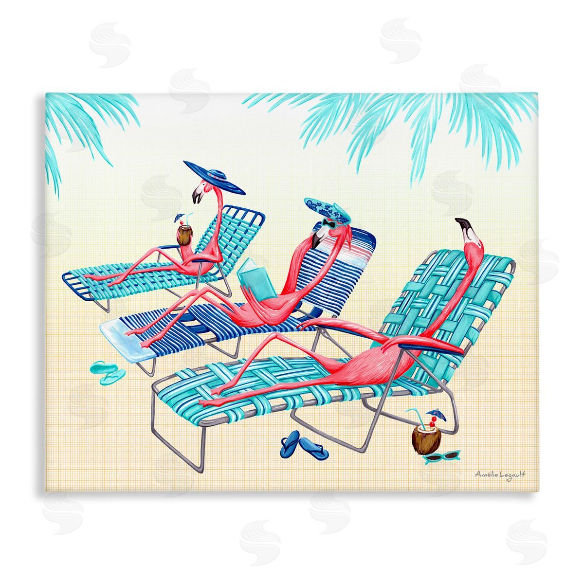 Amelie Legault Pink Flamingos Lounging Beach Chairs Tropical Scene Stretched Canvas Wall Art Print