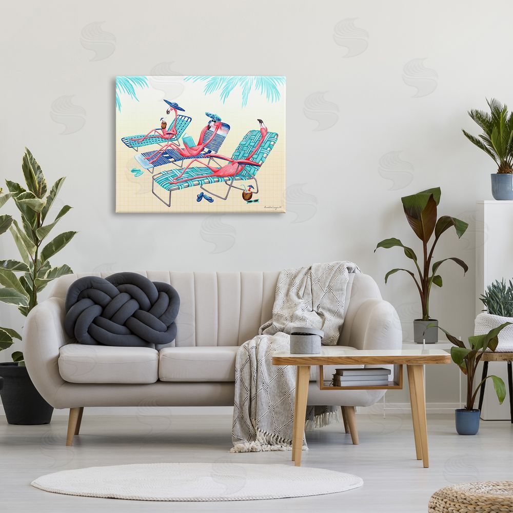 Amelie Legault Pink Flamingos Lounging Beach Chairs Tropical Scene Canvas Wall Art Print in Room