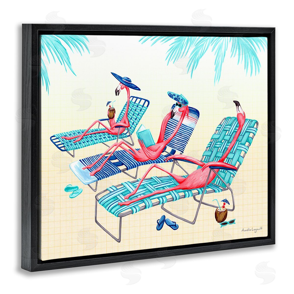 Amelie Legault Pink Flamingos Lounging Beach Chairs Tropical Scene Black Floating Frame Canvas Wall Art Print