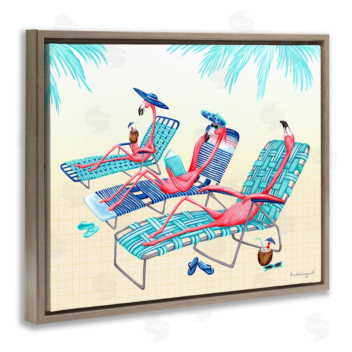 Amelie Legault Pink Flamingos Lounging Beach Chairs Tropical Scene Brown Floating Frame Canvas Wall Art Print