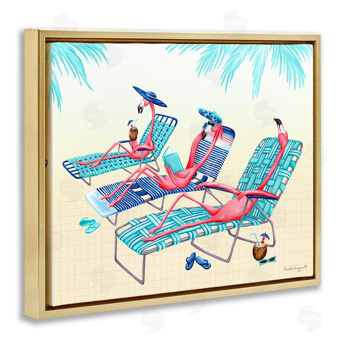 Amelie Legault Pink Flamingos Lounging Beach Chairs Tropical Scene Gold Floating Frame Canvas Wall Art Print