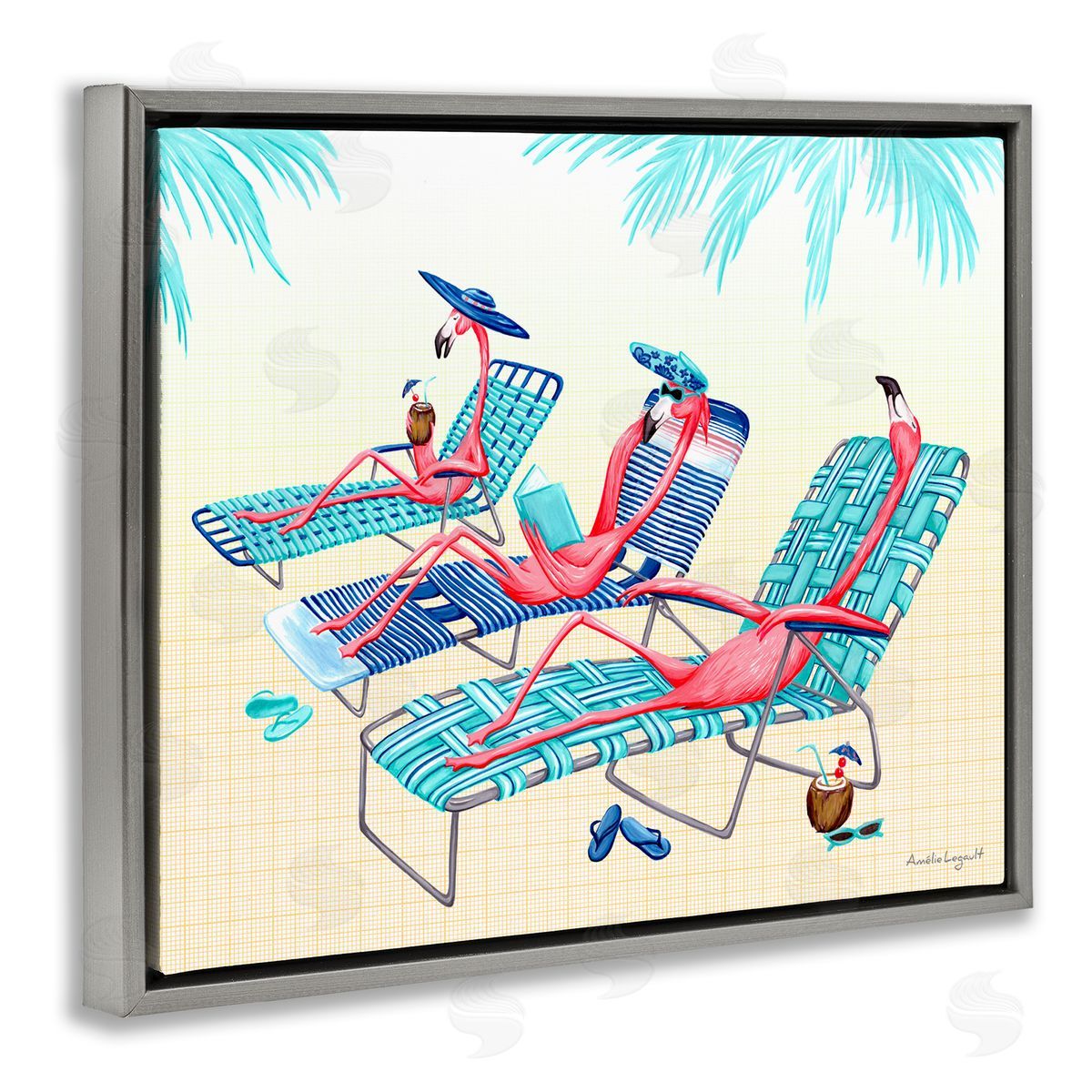 Amelie Legault Pink Flamingos Lounging Beach Chairs Tropical Scene Gray Floating Frame Canvas Wall Art Print
