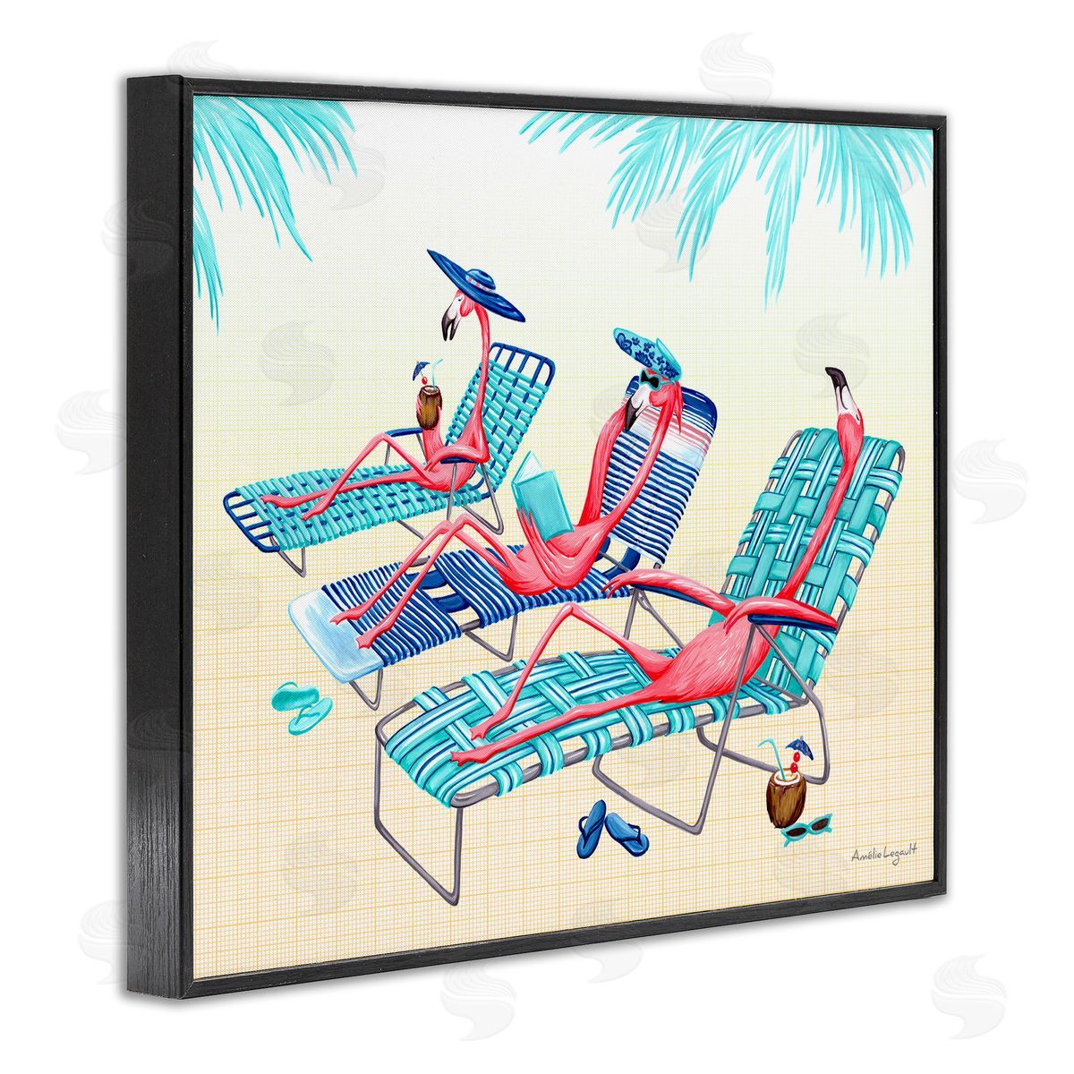 Amelie Legault Pink Flamingos Lounging Beach Chairs Tropical Scene Black Framed Giclee Wall Art Print