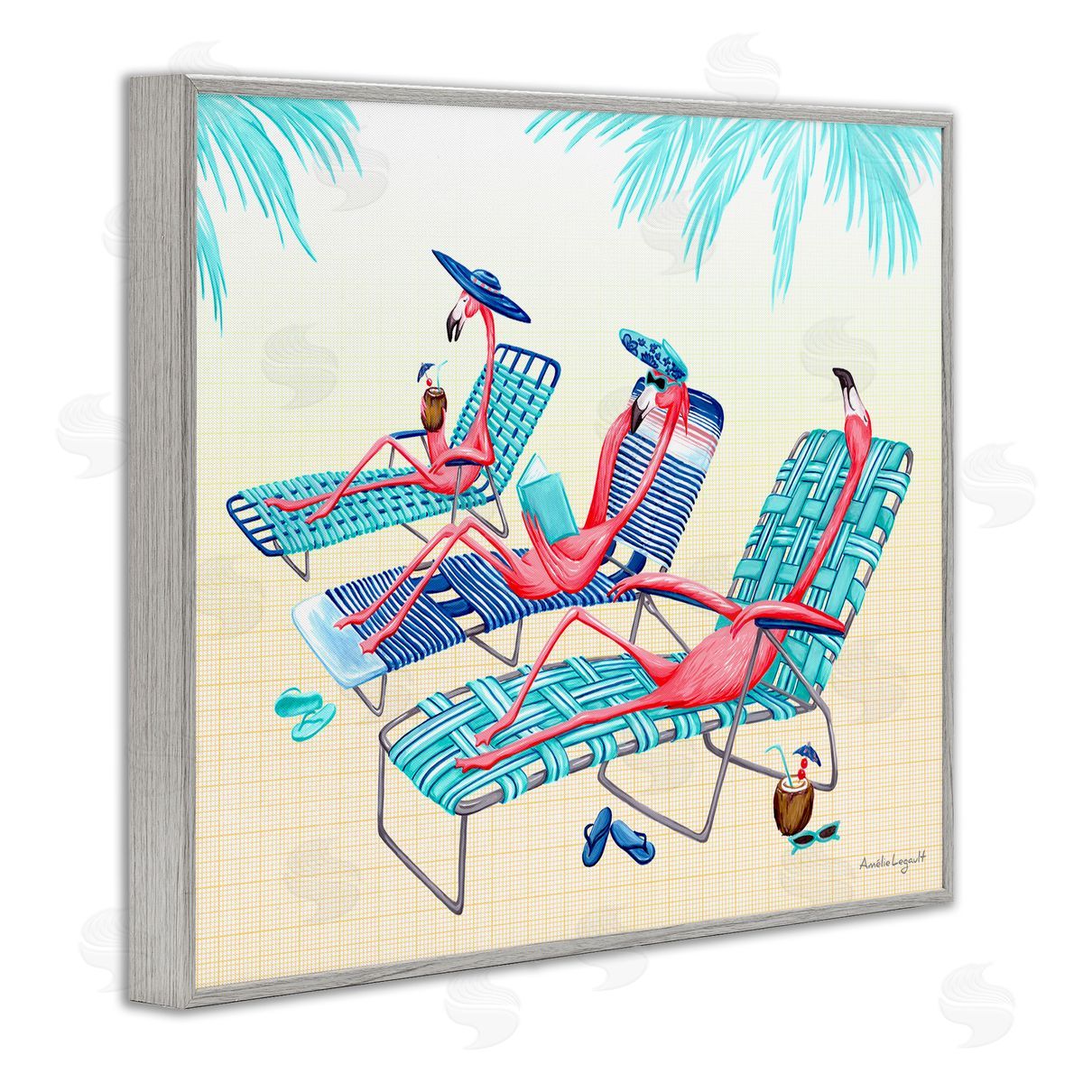 Amelie Legault Pink Flamingos Lounging Beach Chairs Tropical Scene Gray Framed Giclee Wall Art Print