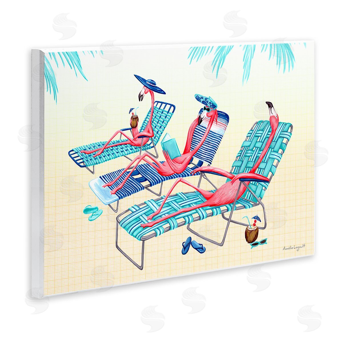 Amelie Legault Pink Flamingos Lounging Beach Chairs Tropical Scene Wall Plaque Art Print