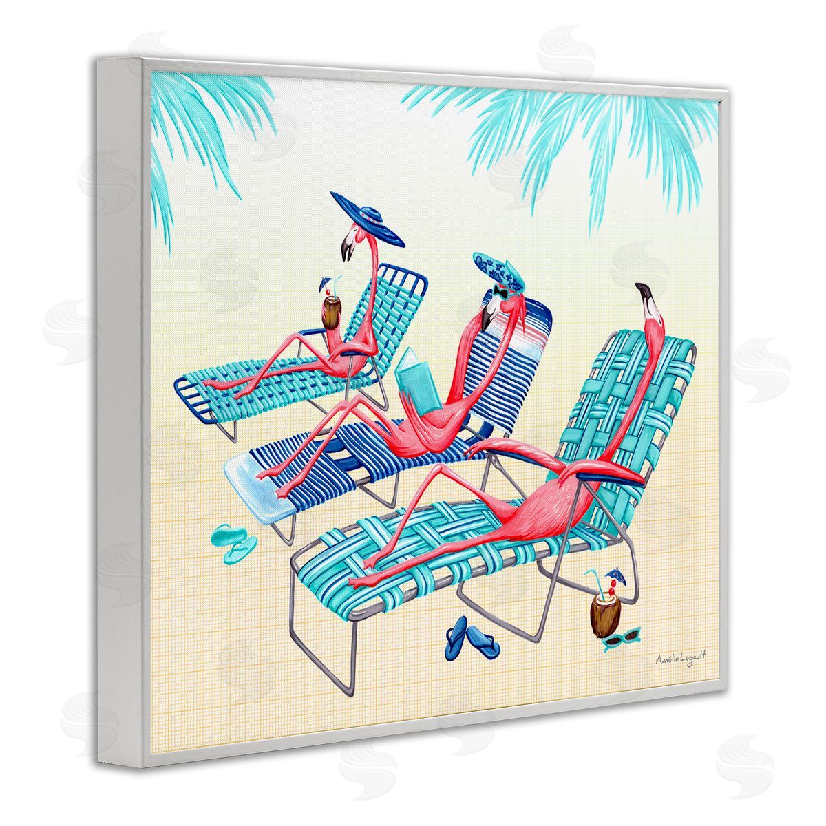 Amelie Legault Pink Flamingos Lounging Beach Chairs Tropical Scene White Framed Giclee Wall Art Print