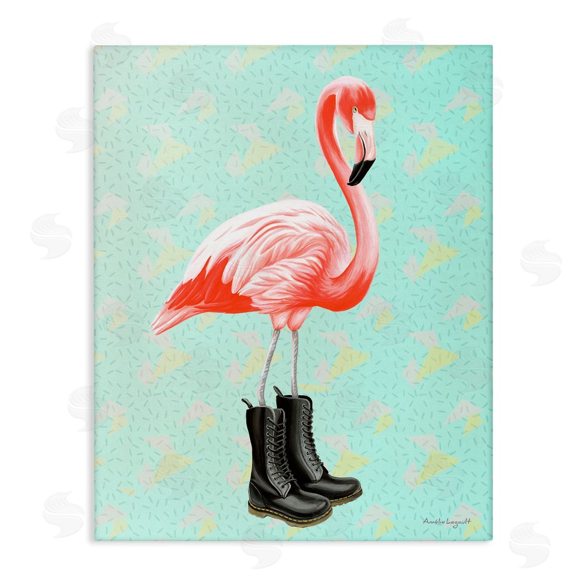 Amelie Legault Stylish Pink Flamingo Black Boots Geometric Pattern Stretched Canvas Wall Art Print