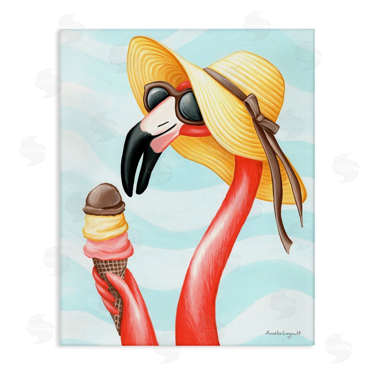 Amelie Legault Summertime Flamingo Sun Hat Enjoying Ice Cream Cone  Stretched Canvas Wall Art Print