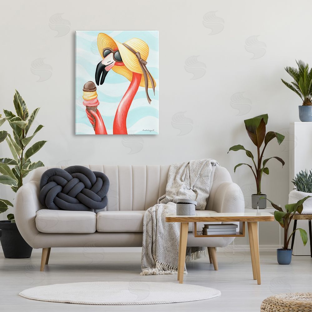 Amelie Legault Summertime Flamingo Sun Hat Enjoying Ice Cream Cone  Canvas Wall Art Print in Room