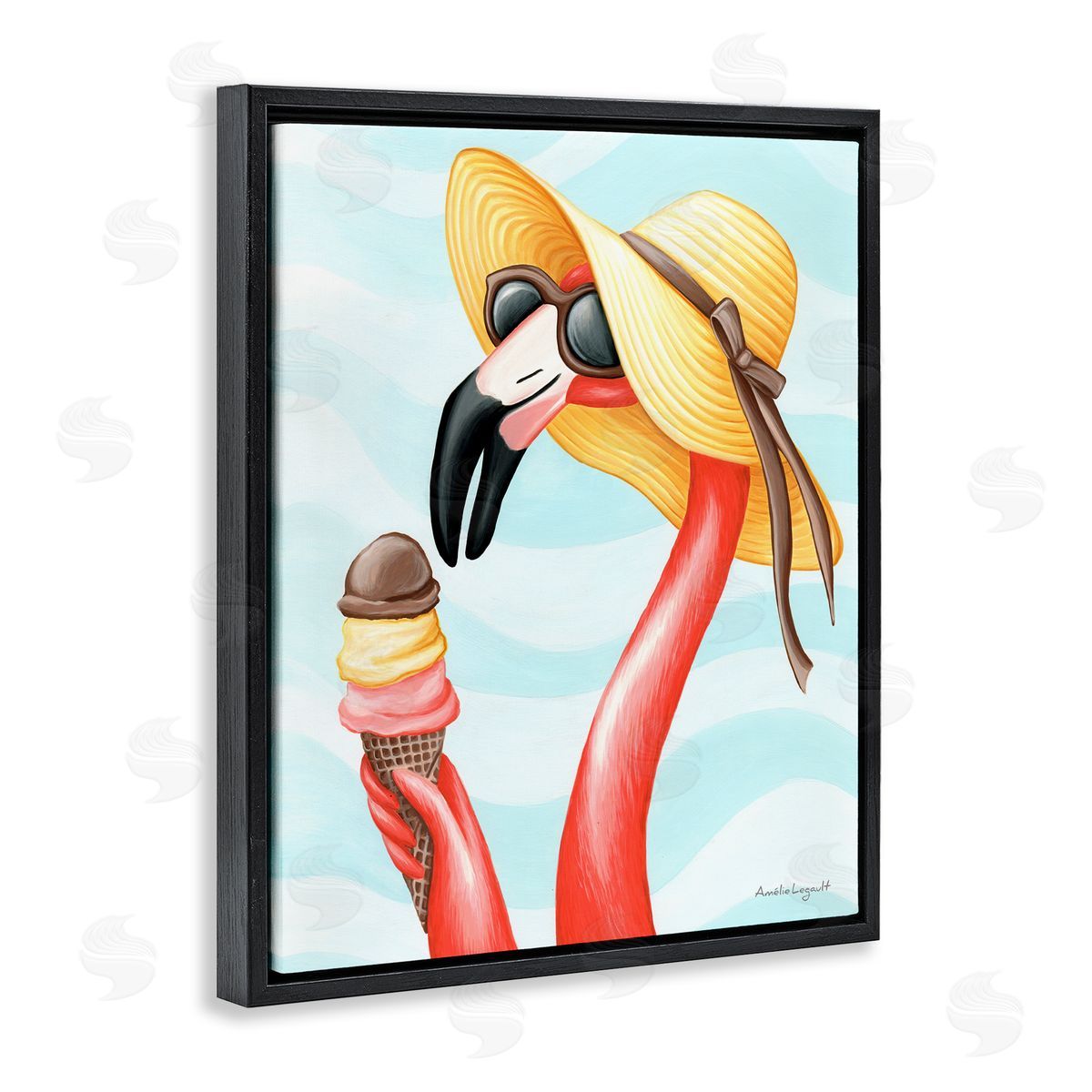 Amelie Legault Summertime Flamingo Sun Hat Enjoying Ice Cream Cone  Black Floating Frame Canvas Wall Art Print