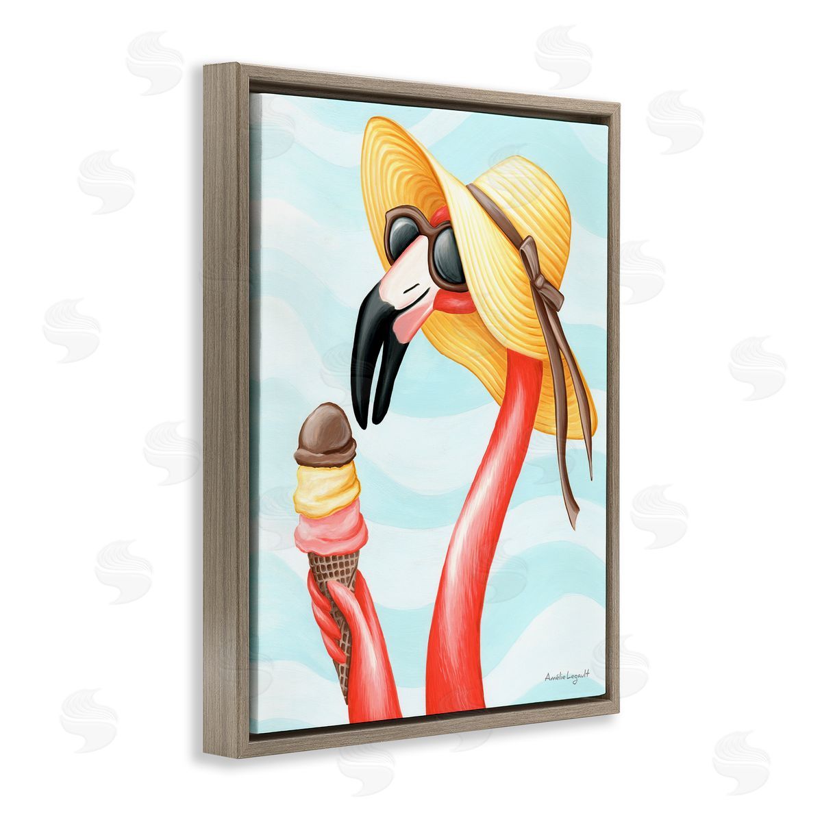Amelie Legault Summertime Flamingo Sun Hat Enjoying Ice Cream Cone  Brown Floating Frame Canvas Wall Art Print