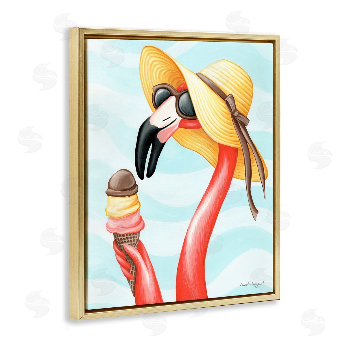 Amelie Legault Summertime Flamingo Sun Hat Enjoying Ice Cream Cone  Gold Floating Frame Canvas Wall Art Print