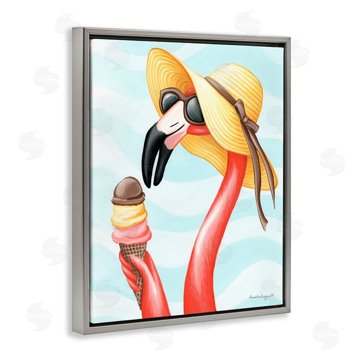 Amelie Legault Summertime Flamingo Sun Hat Enjoying Ice Cream Cone  Gray Floating Frame Canvas Wall Art Print