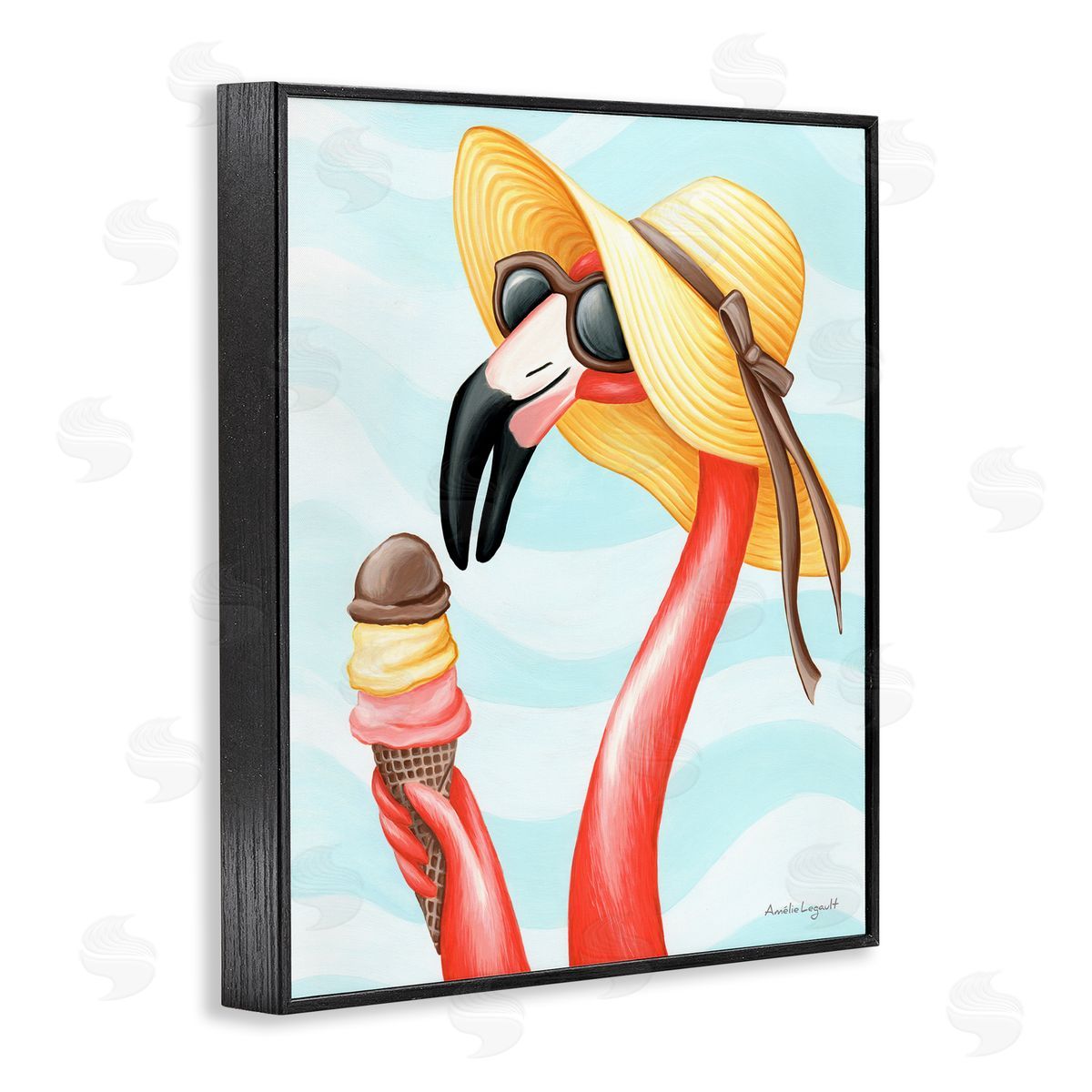 Amelie Legault Summertime Flamingo Sun Hat Enjoying Ice Cream Cone  Black Framed Giclee Wall Art Print