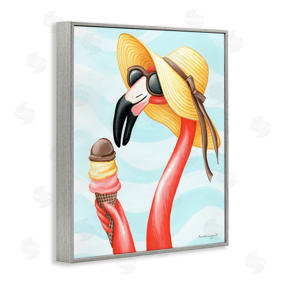 Amelie Legault Summertime Flamingo Sun Hat Enjoying Ice Cream Cone  Gray Framed Giclee Wall Art Print