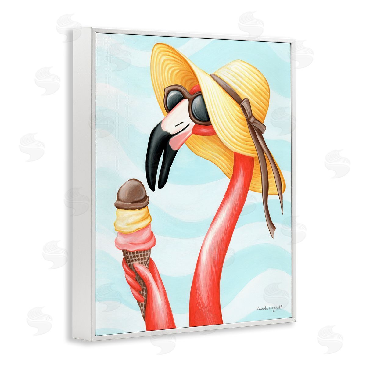 Amelie Legault Summertime Flamingo Sun Hat Enjoying Ice Cream Cone  White Framed Giclee Wall Art Print