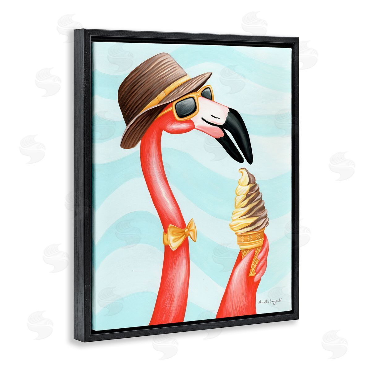 Amelie Legault Dapper Flamingo Summertime Ice Cream Cone Snack Black Floating Frame Canvas Wall Art Print