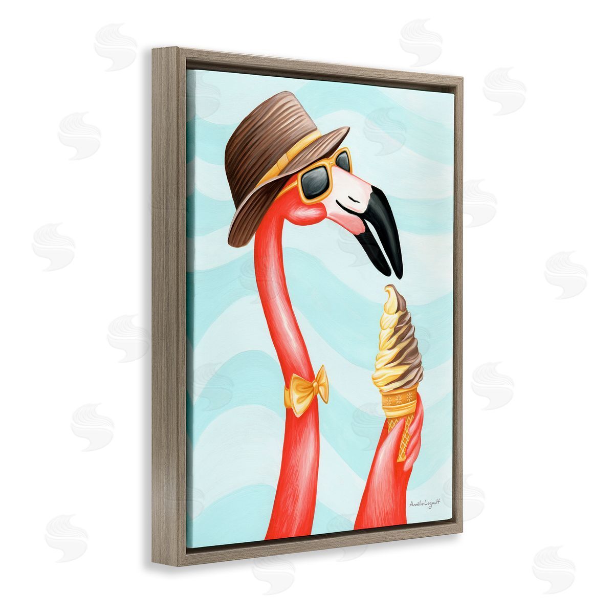 Amelie Legault Dapper Flamingo Summertime Ice Cream Cone Snack Brown Floating Frame Canvas Wall Art Print