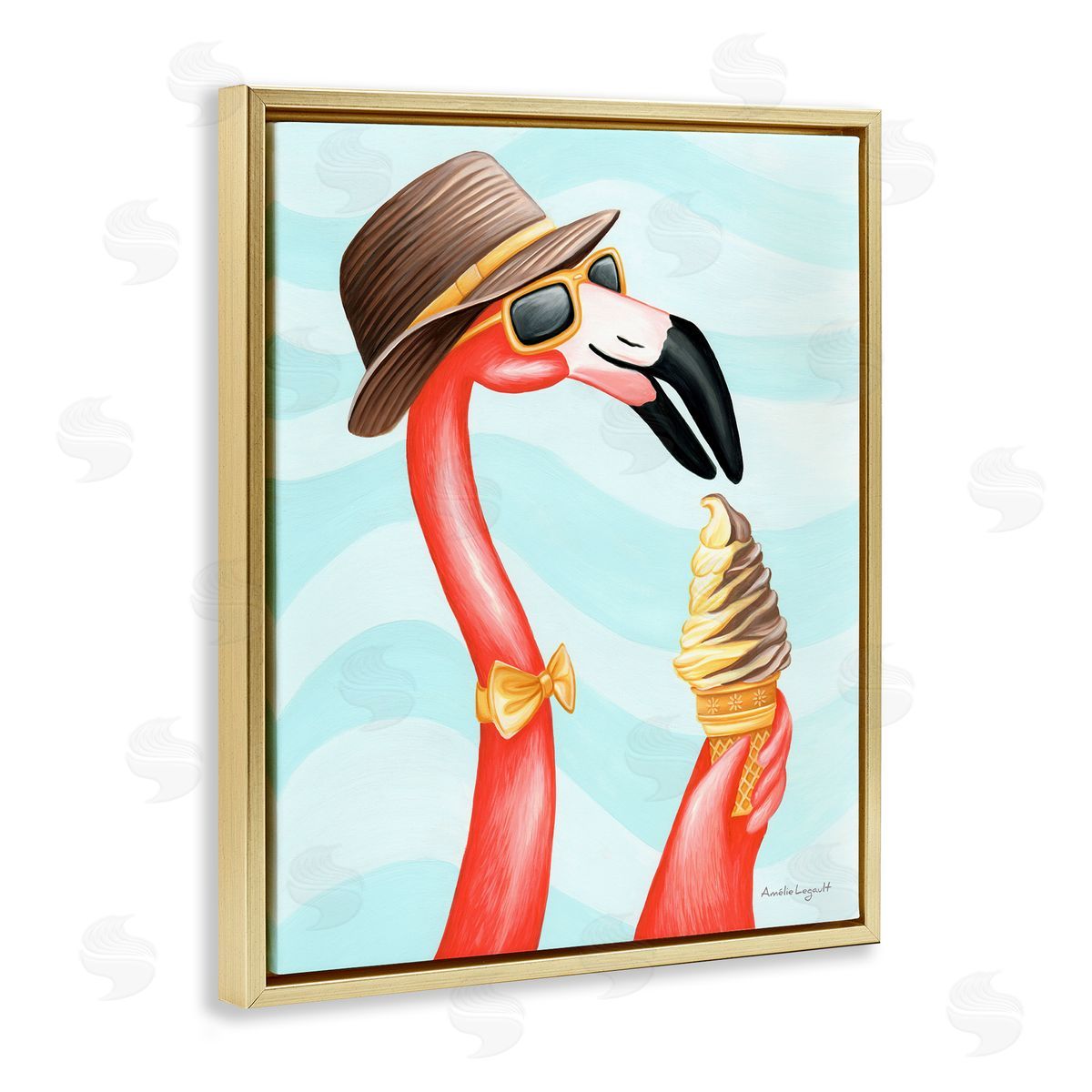 Amelie Legault Dapper Flamingo Summertime Ice Cream Cone Snack Gold Floating Frame Canvas Wall Art Print