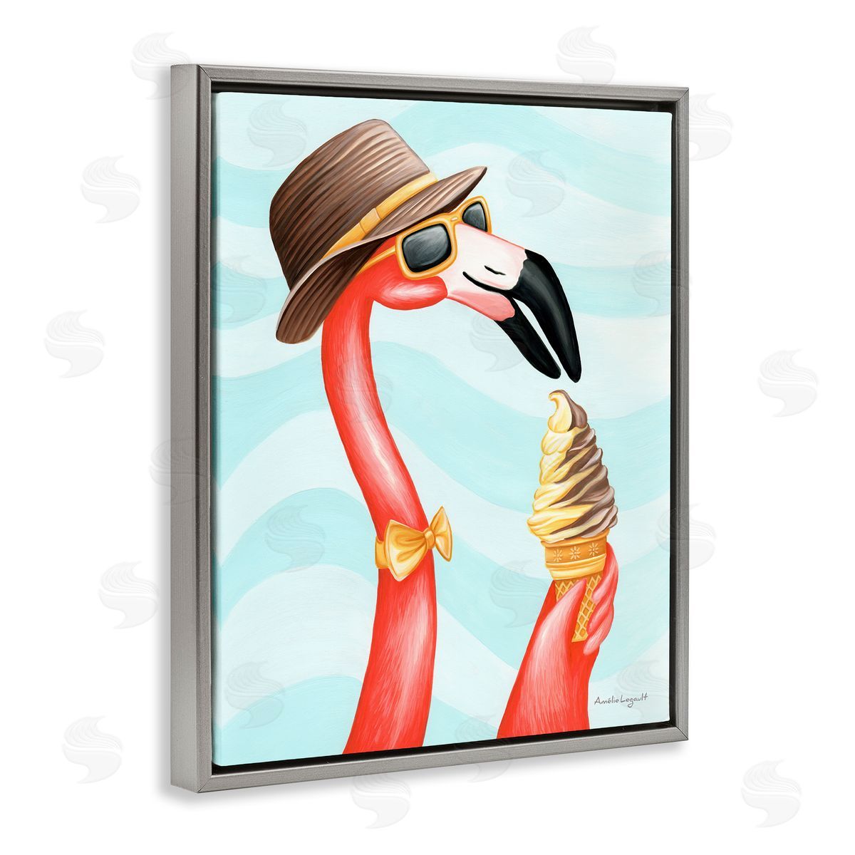 Amelie Legault Dapper Flamingo Summertime Ice Cream Cone Snack Gray Floating Frame Canvas Wall Art Print