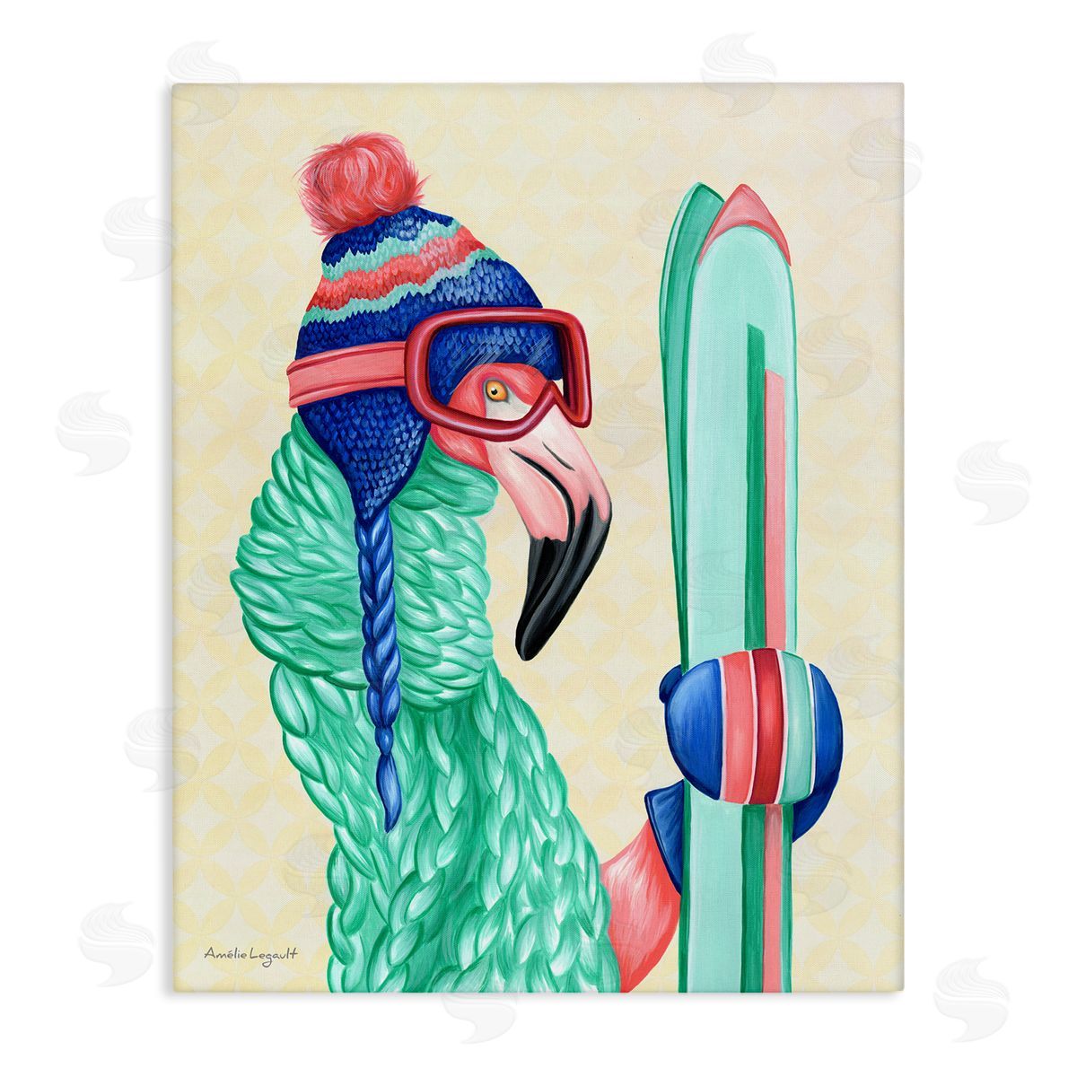 Amelie Legault Flamingo Bird Wearing Skiing Winter Sports Clothes Stretched Canvas Wall Art Print