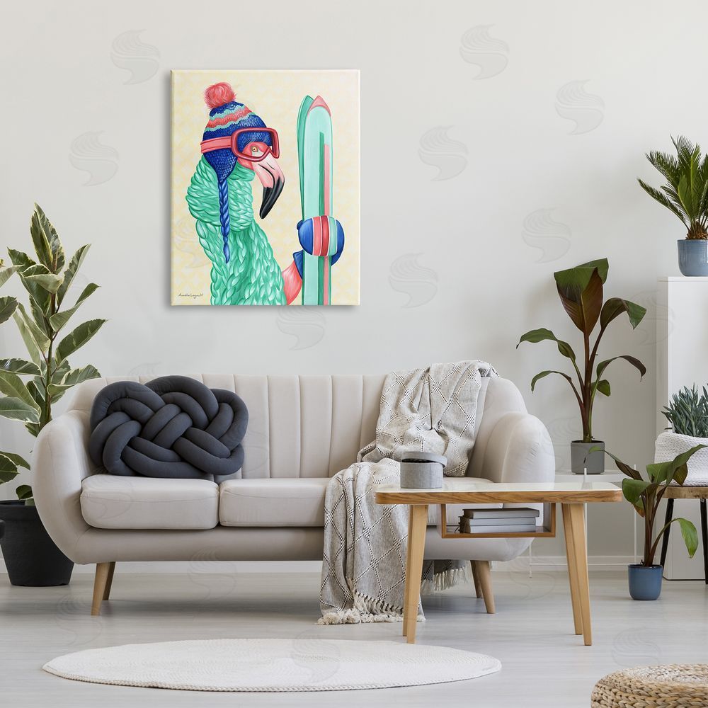 Amelie Legault Flamingo Bird Wearing Skiing Winter Sports Clothes Canvas Wall Art Print in Room
