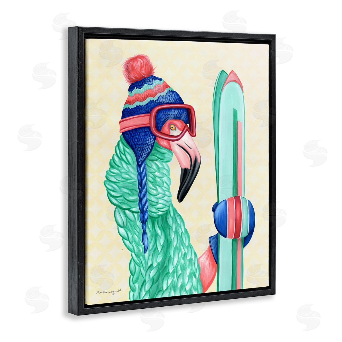 Amelie Legault Flamingo Bird Wearing Skiing Winter Sports Clothes Black Floating Frame Canvas Wall Art Print