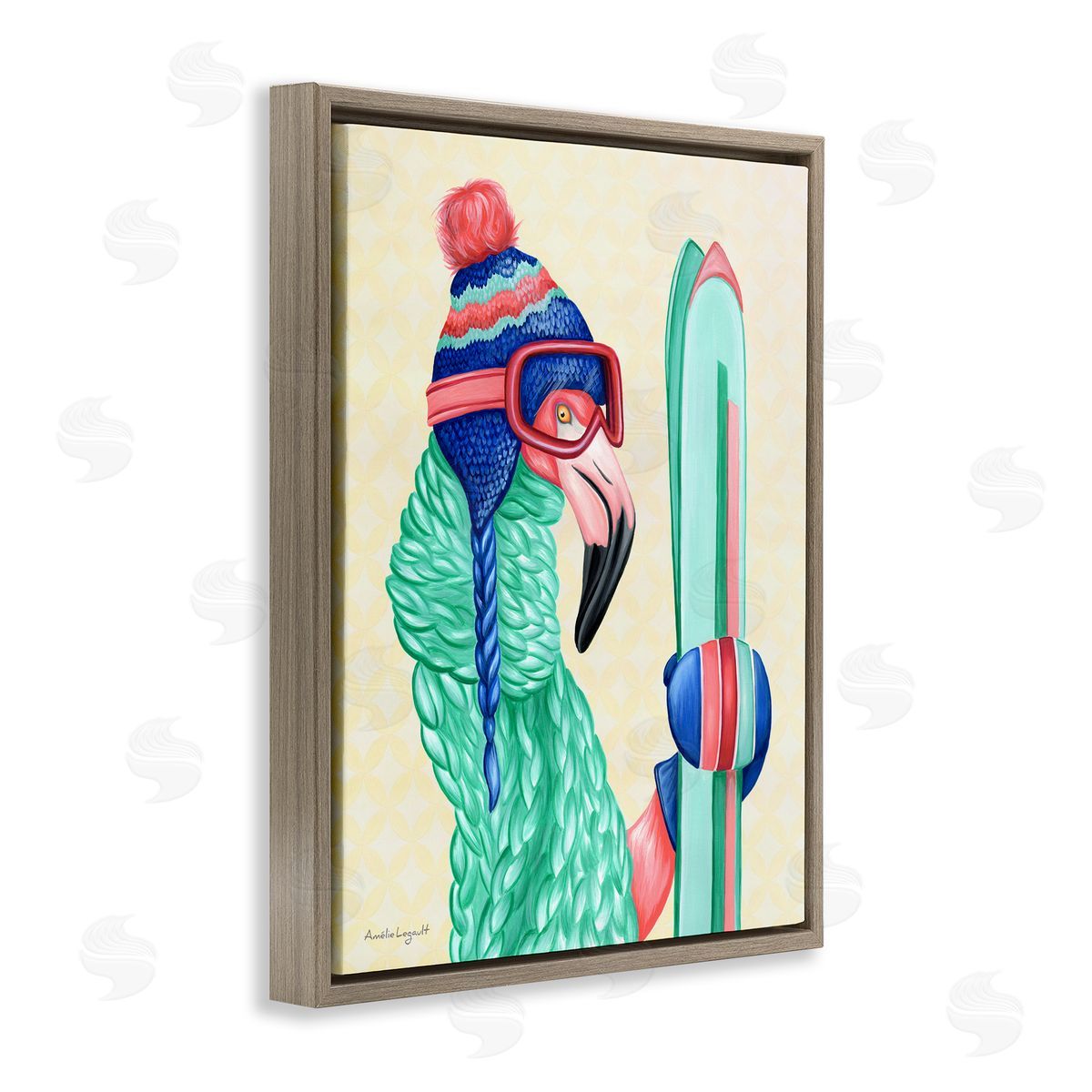 Amelie Legault Flamingo Bird Wearing Skiing Winter Sports Clothes Brown Floating Frame Canvas Wall Art Print