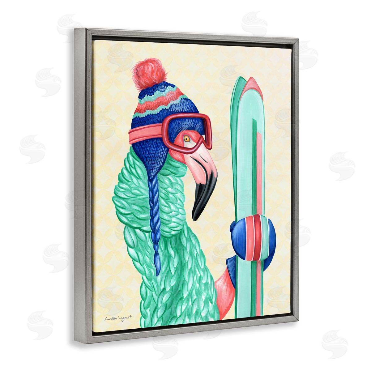 Amelie Legault Flamingo Bird Wearing Skiing Winter Sports Clothes Gray Floating Frame Canvas Wall Art Print
