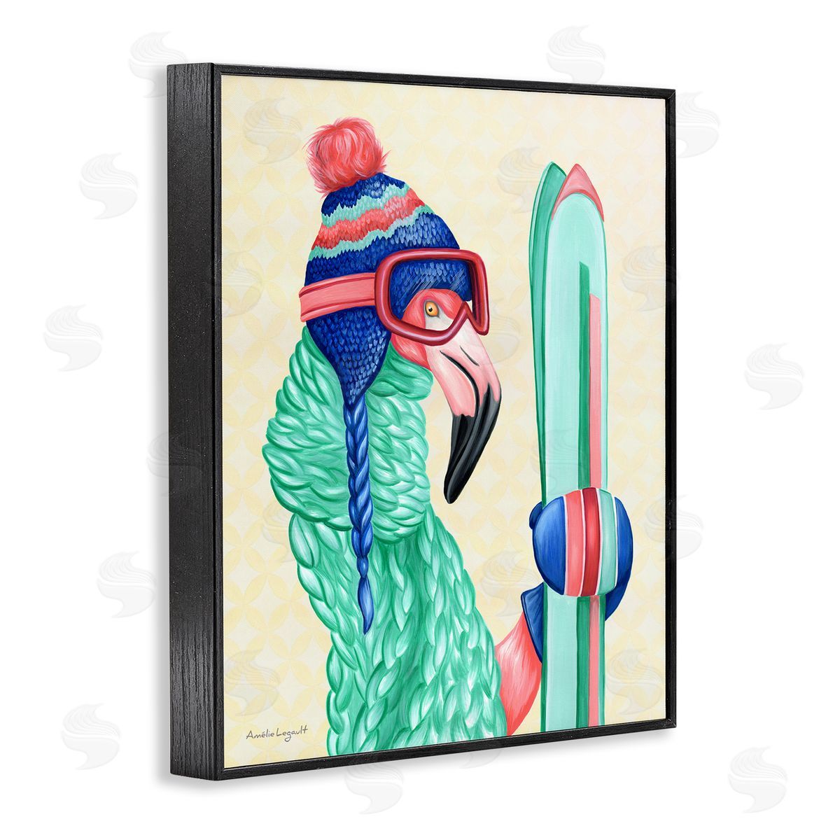 Amelie Legault Flamingo Bird Wearing Skiing Winter Sports Clothes Black Framed Giclee Wall Art Print