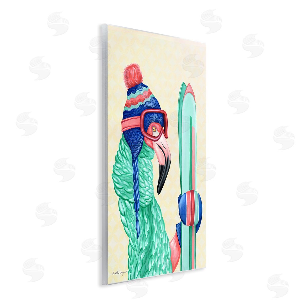 Amelie Legault Flamingo Bird Wearing Skiing Winter Sports Clothes Wall Plaque Art Print