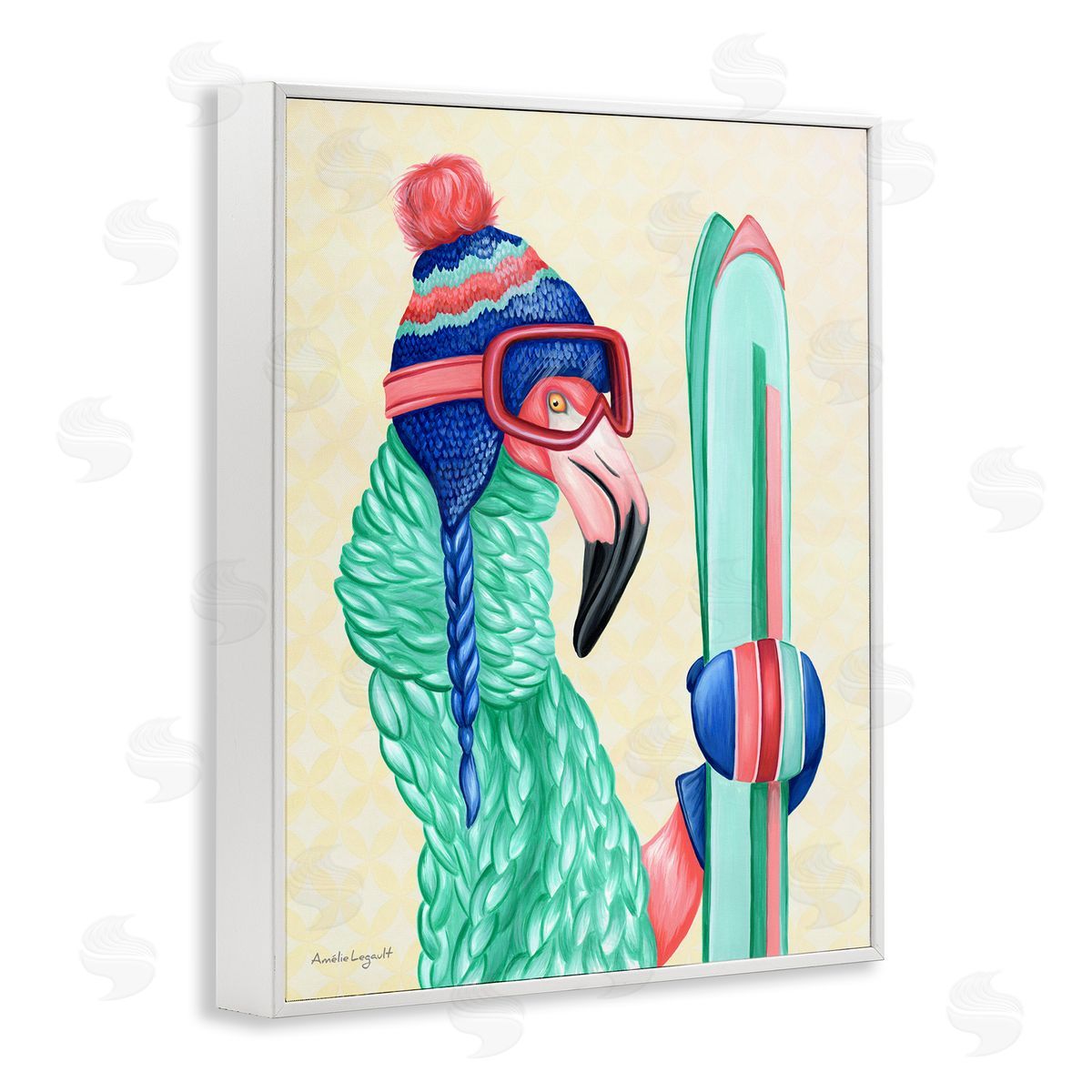 Amelie Legault Flamingo Bird Wearing Skiing Winter Sports Clothes White Framed Giclee Wall Art Print