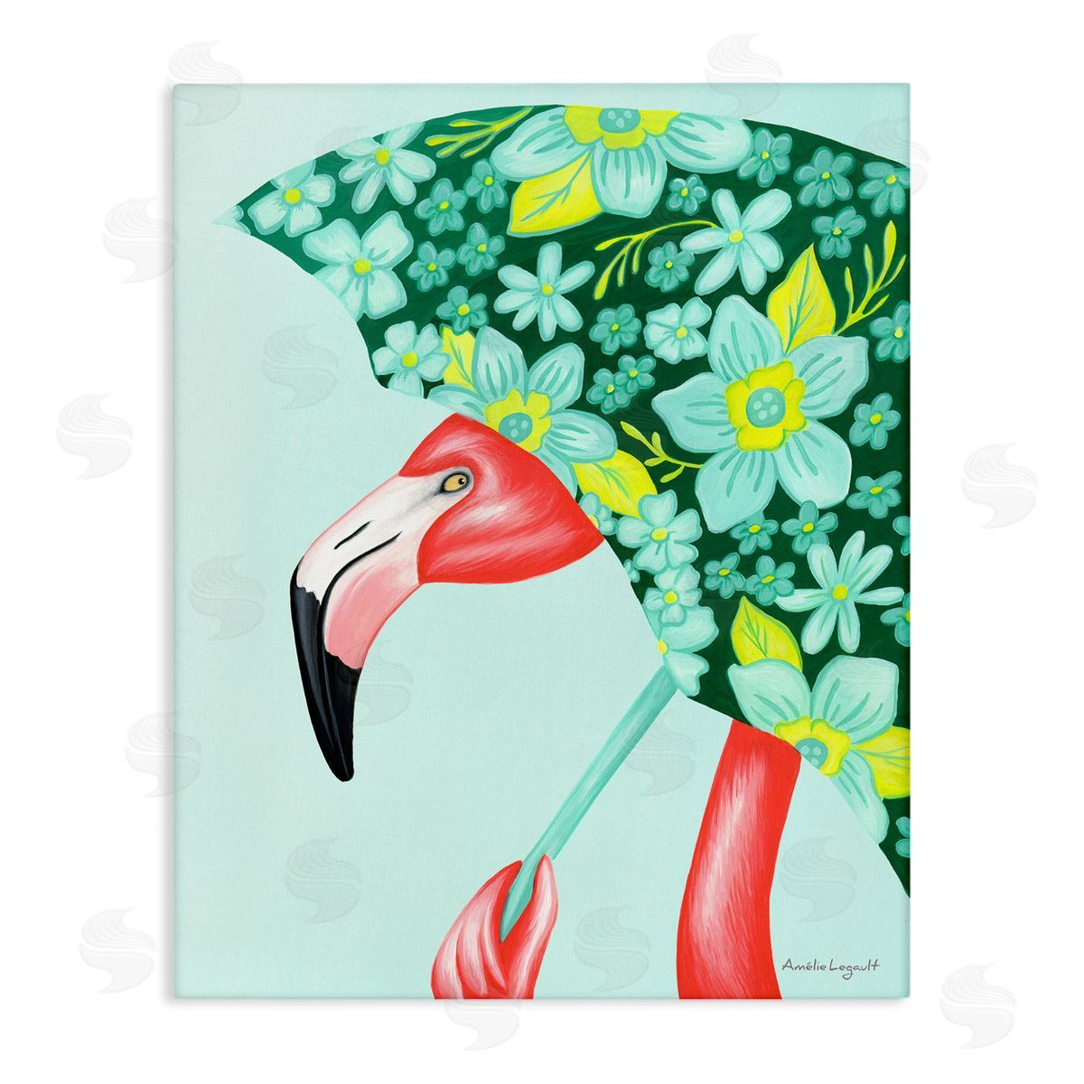 Amelie Legault Summery Pink Flamingo Floral Petal Patterned Umbrella  Stretched Canvas Wall Art Print