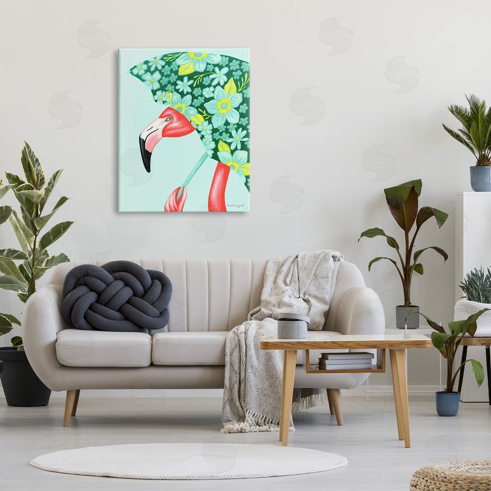 Amelie Legault Summery Pink Flamingo Floral Petal Patterned Umbrella  Canvas Wall Art Print in Room