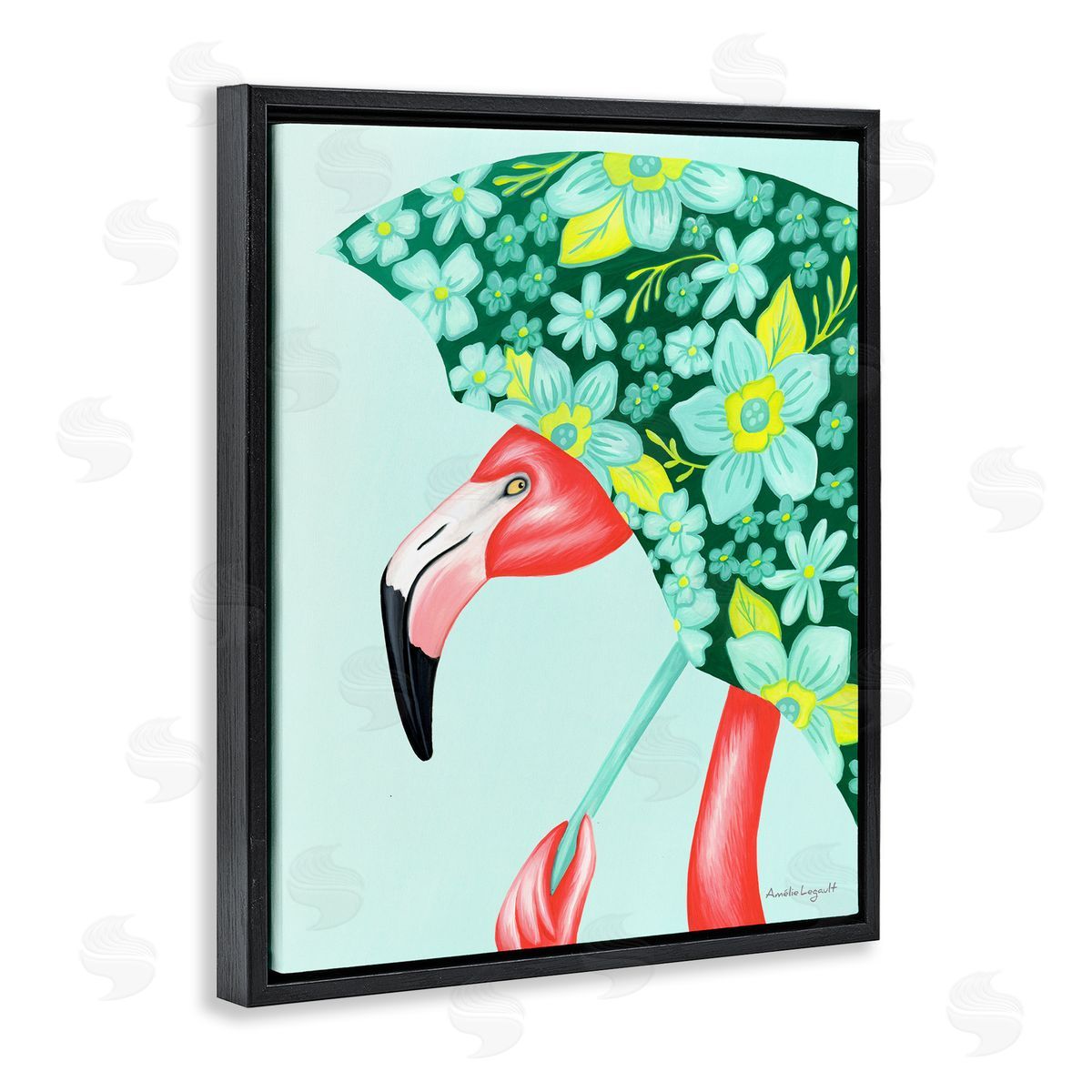 Amelie Legault Summery Pink Flamingo Floral Petal Patterned Umbrella  Black Floating Frame Canvas Wall Art Print