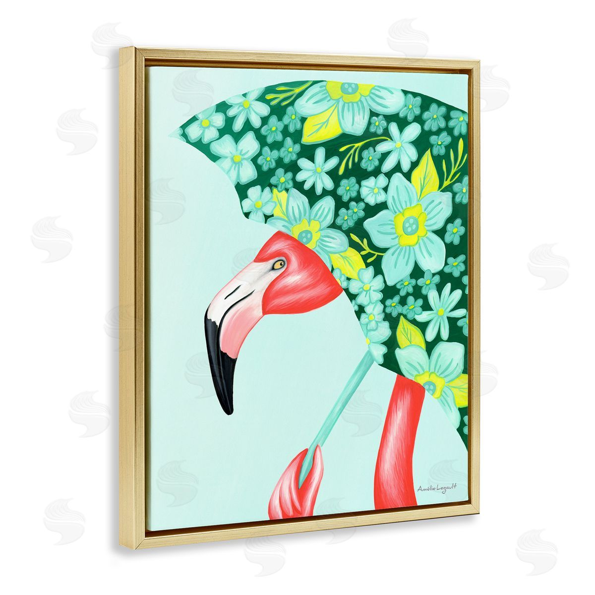 Amelie Legault Summery Pink Flamingo Floral Petal Patterned Umbrella  Gold Floating Frame Canvas Wall Art Print