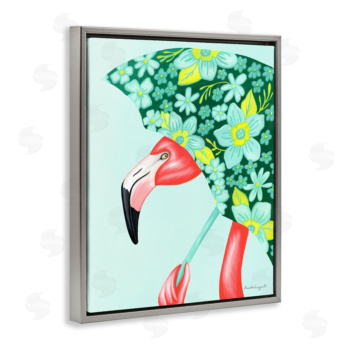 Amelie Legault Summery Pink Flamingo Floral Petal Patterned Umbrella  Gray Floating Frame Canvas Wall Art Print