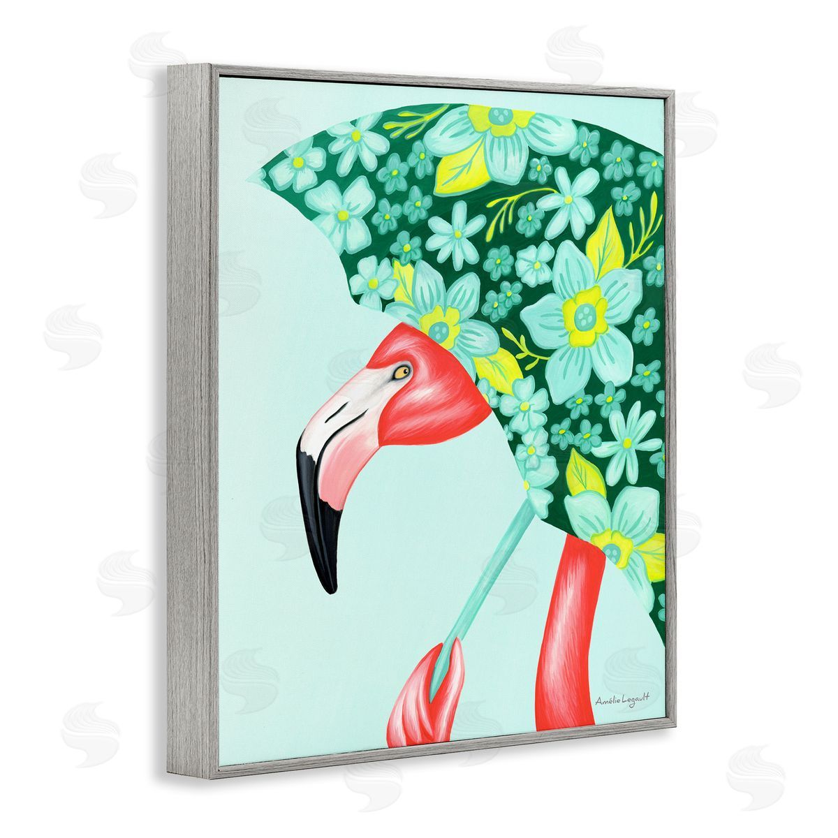Amelie Legault Summery Pink Flamingo Floral Petal Patterned Umbrella  Gray Framed Giclee Wall Art Print