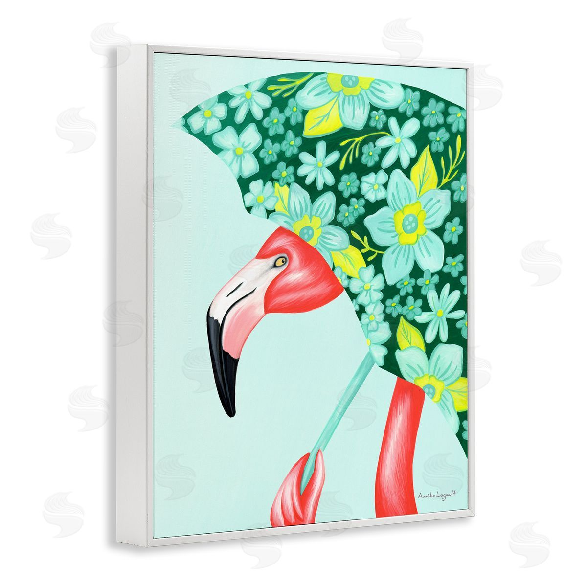 Amelie Legault Summery Pink Flamingo Floral Petal Patterned Umbrella  White Framed Giclee Wall Art Print