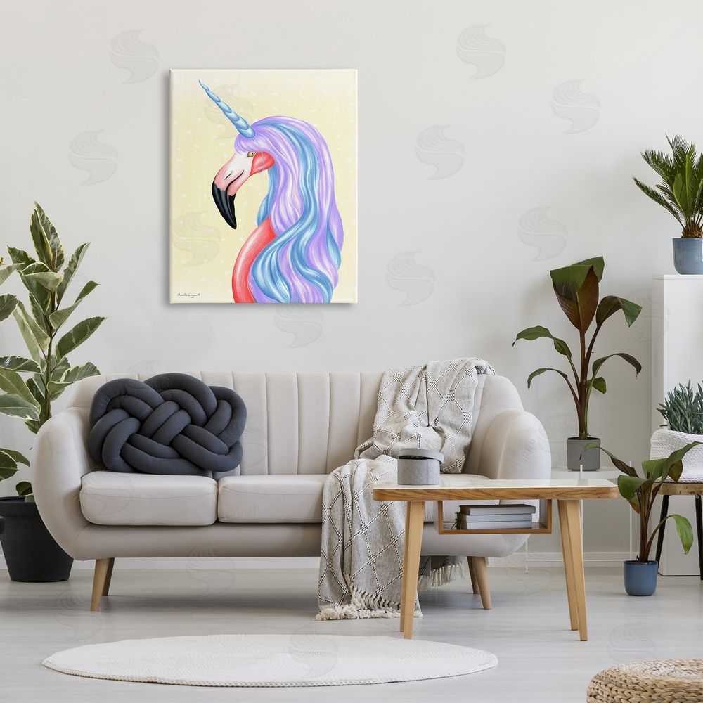 Amelie Legault Radiant Flamingo Bird Pastel Unicorn Horn Hair  Canvas Wall Art Print in Room