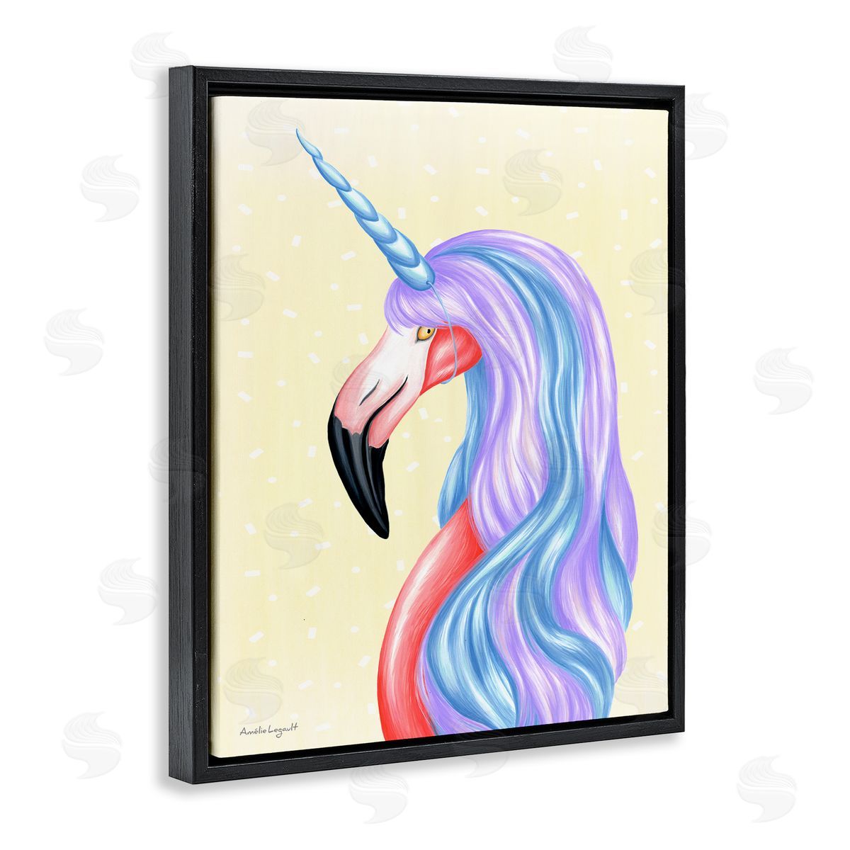 Amelie Legault Radiant Flamingo Bird Pastel Unicorn Horn Hair  Black Floating Frame Canvas Wall Art Print