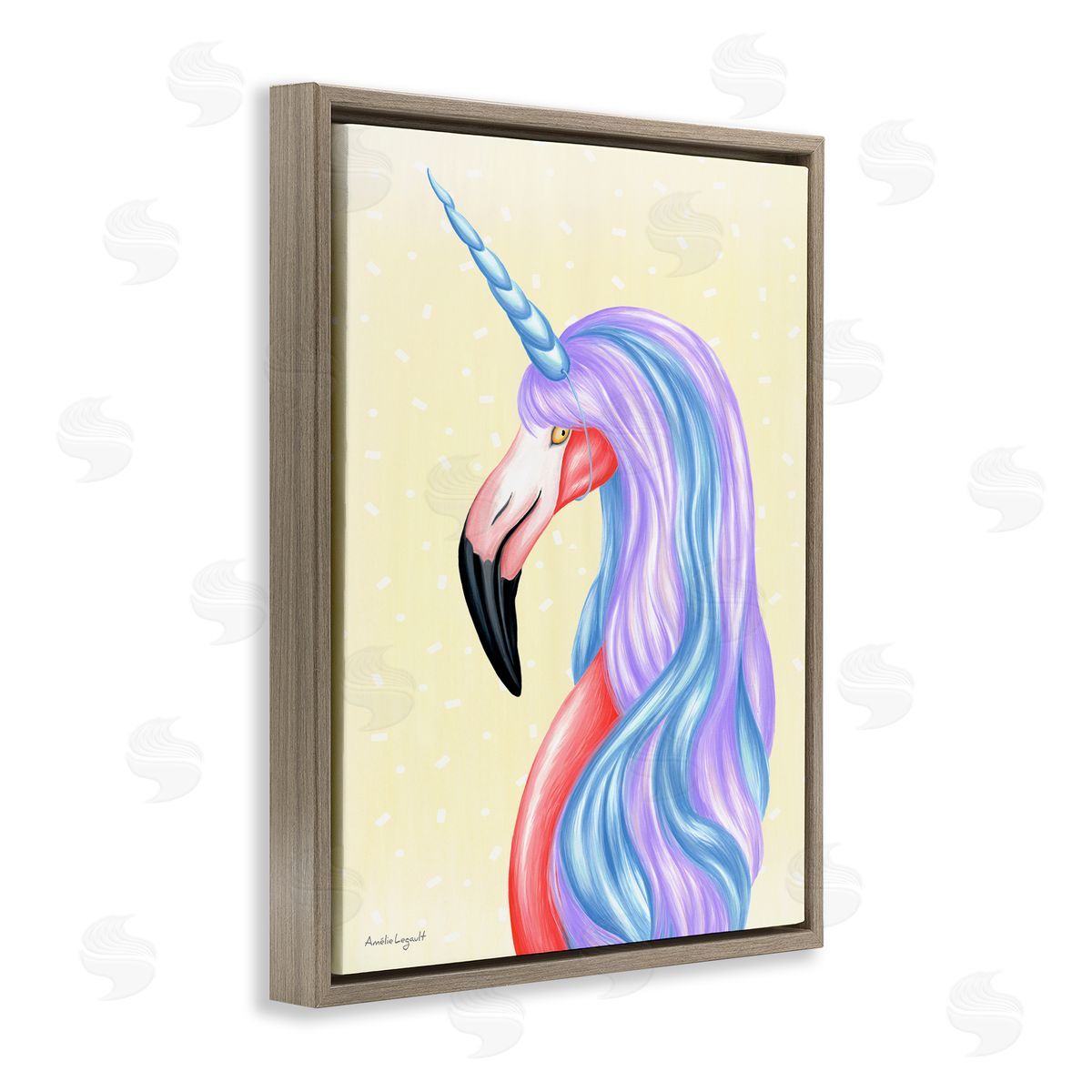 Amelie Legault Radiant Flamingo Bird Pastel Unicorn Horn Hair  Brown Floating Frame Canvas Wall Art Print